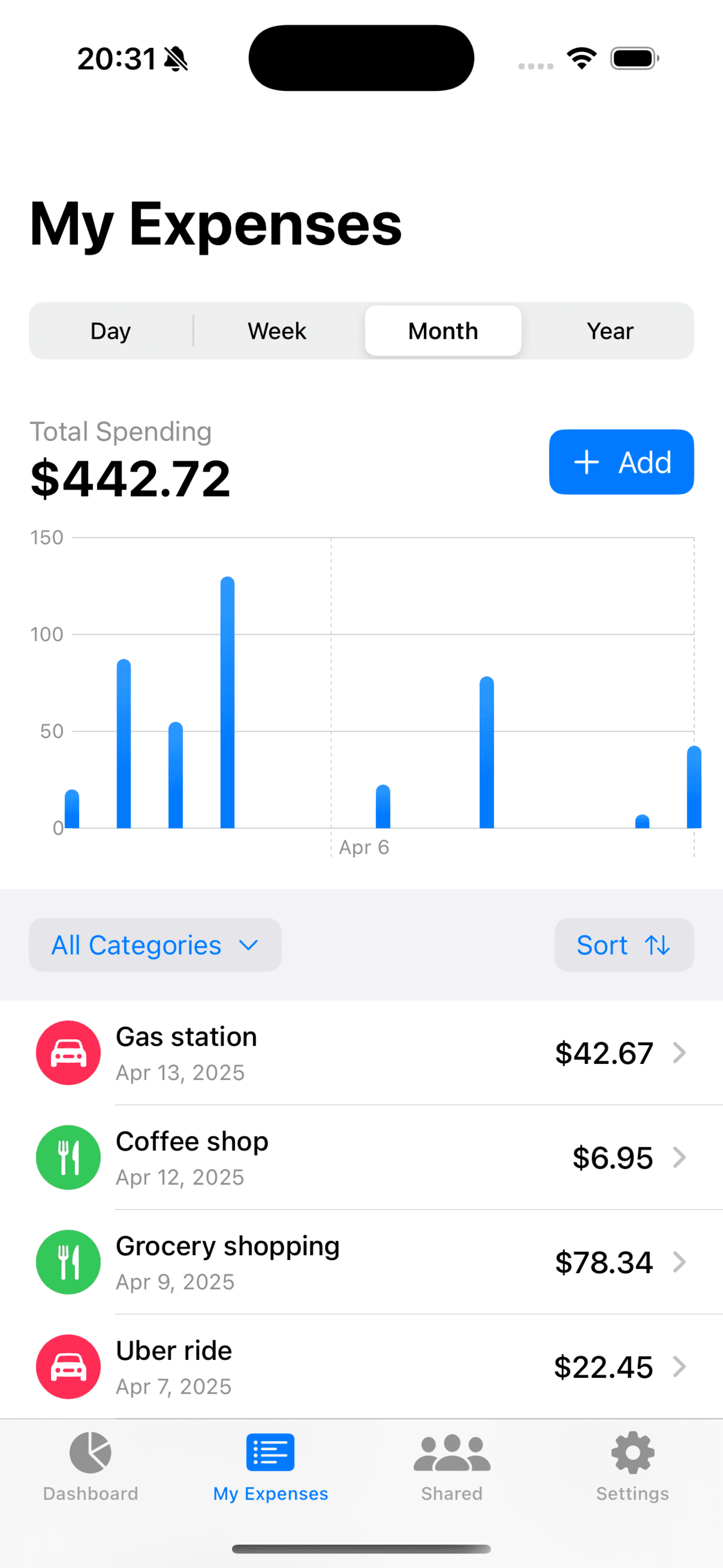 Personal Expense tracking interface with transaction history and categories